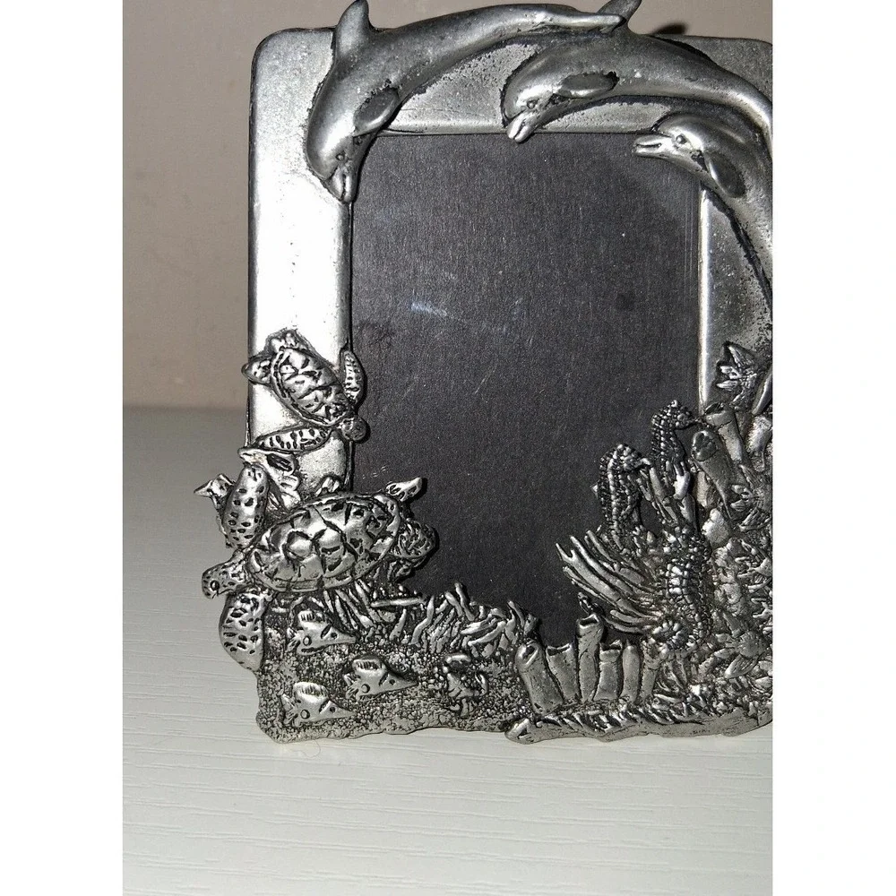Vintage Dolphin Picture Frame 4x3 Silver Tone Cast Metal Ocean Sea Life Frame
